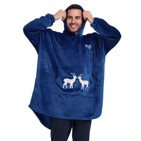Snuggs Blanket Hoodie Dark Blue Christmas Deer Pocket